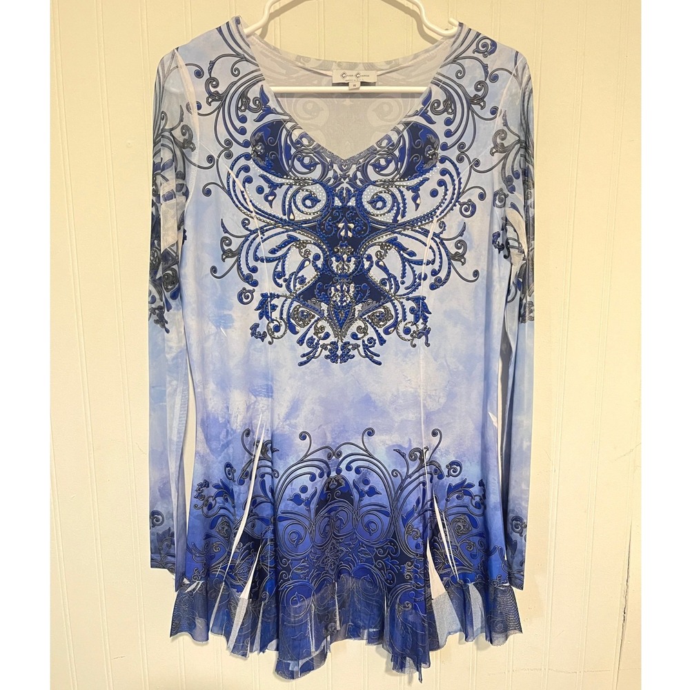 Cover Charge Tunic Top Women S Blue Excellent Mesh Ruffle Scroll Print V-Neck